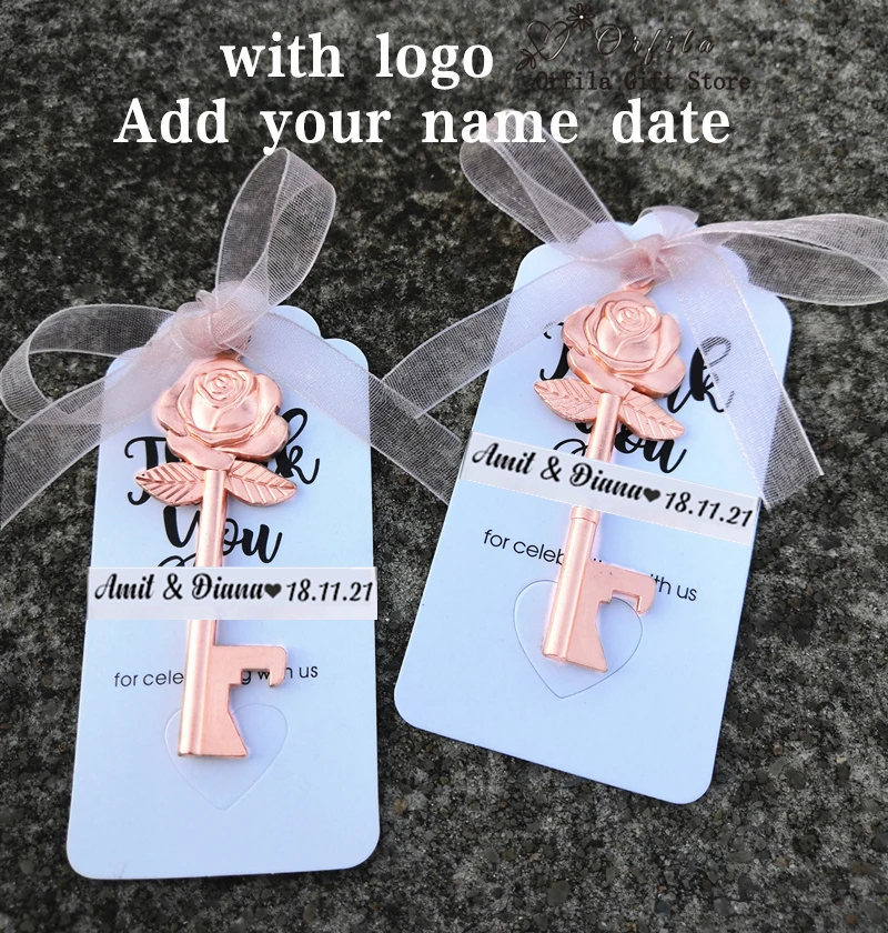 Wedding Gifts For Guests Souvenirs Party Gifts Copper Color Skeleton Key Beer Bottle Opener with Personalized Name Sticker Card