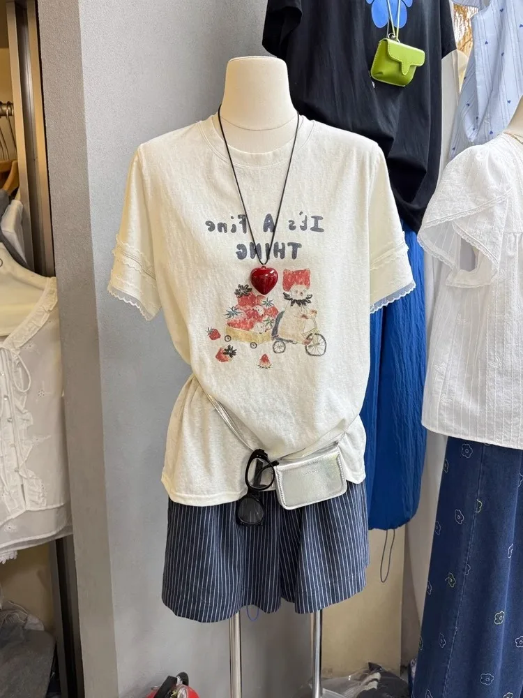 Sweet Japanese Sle ort Sve T-irt Men Women Summer Lace Splicing Slimming Versatile Top Casual Loose Fit round Ne