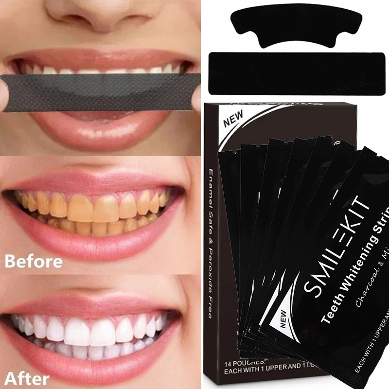 7Pairs/box Activated Charcoal Teeth Whitening Strips Elastic Remove Stains Teeth Bleaching Gel Oral Hygiene Care Tooth Whitening