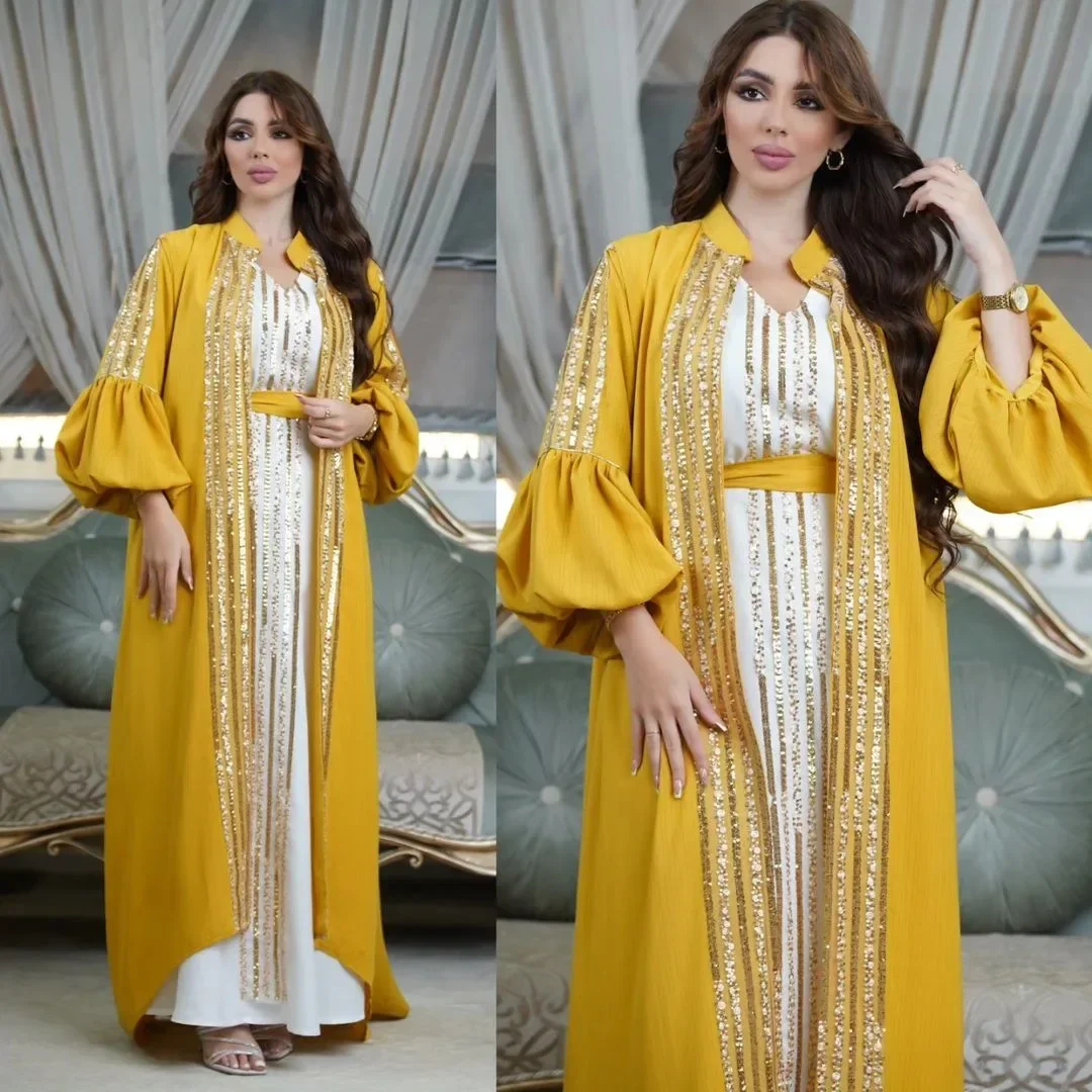 Middle East Kuwait Robe Muslim Fashion Women's Bead Embroidered Two Piece Set Bubble Sleeve Dress Muslim Sets  Dress for Women