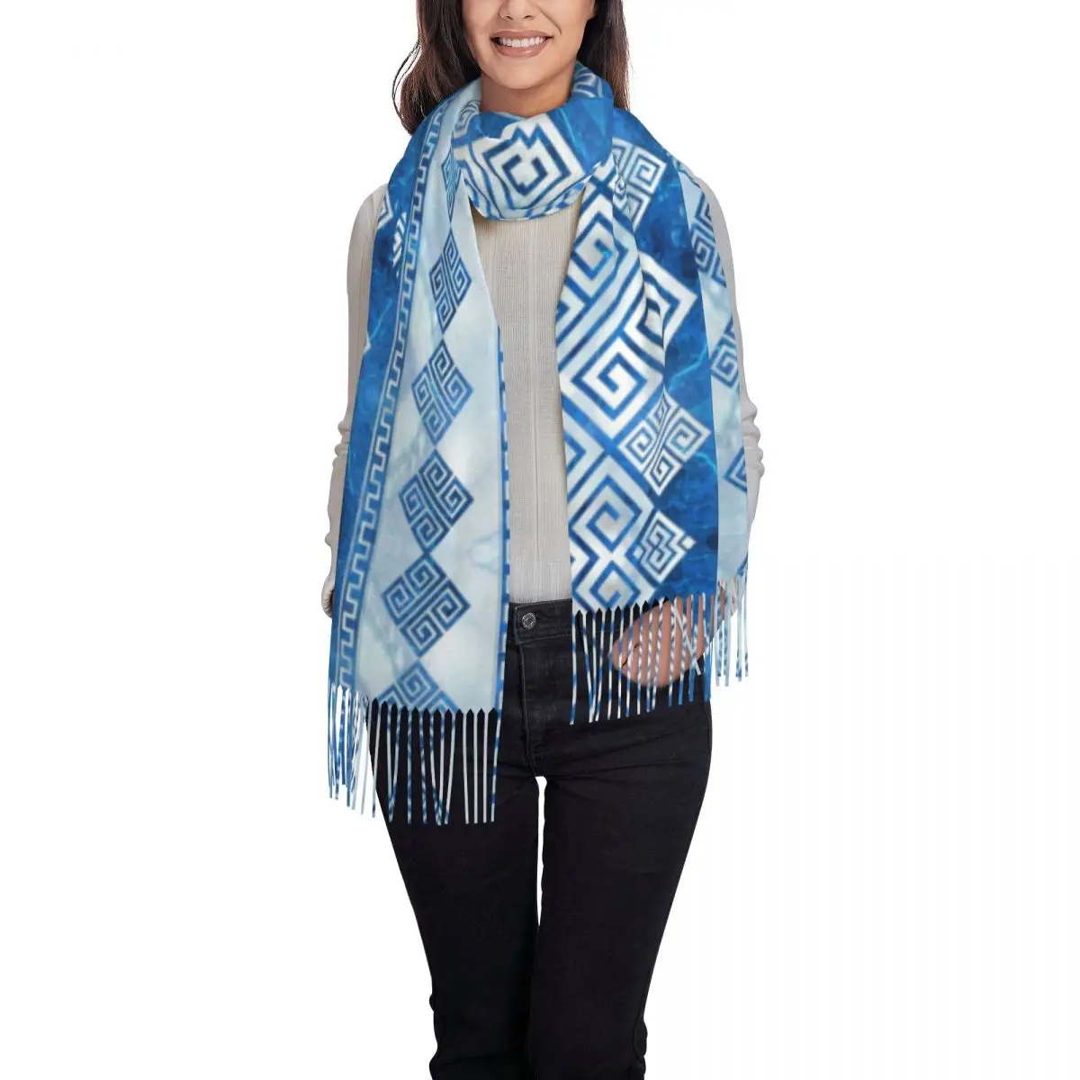 Fashion Greek Meander Tassel Scarf Women Winter Fall Warm Shawls Wraps Ladies Greek Key Blue Gemstone And Pearl Scarves