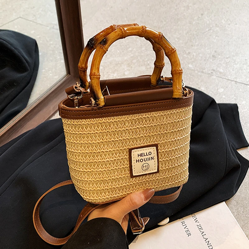 Summer straw bag for women wooden handle Woven Handmade Handbag Vacation Beach Bag Fashion Rattan Shoulder Crossbody Bucket bags