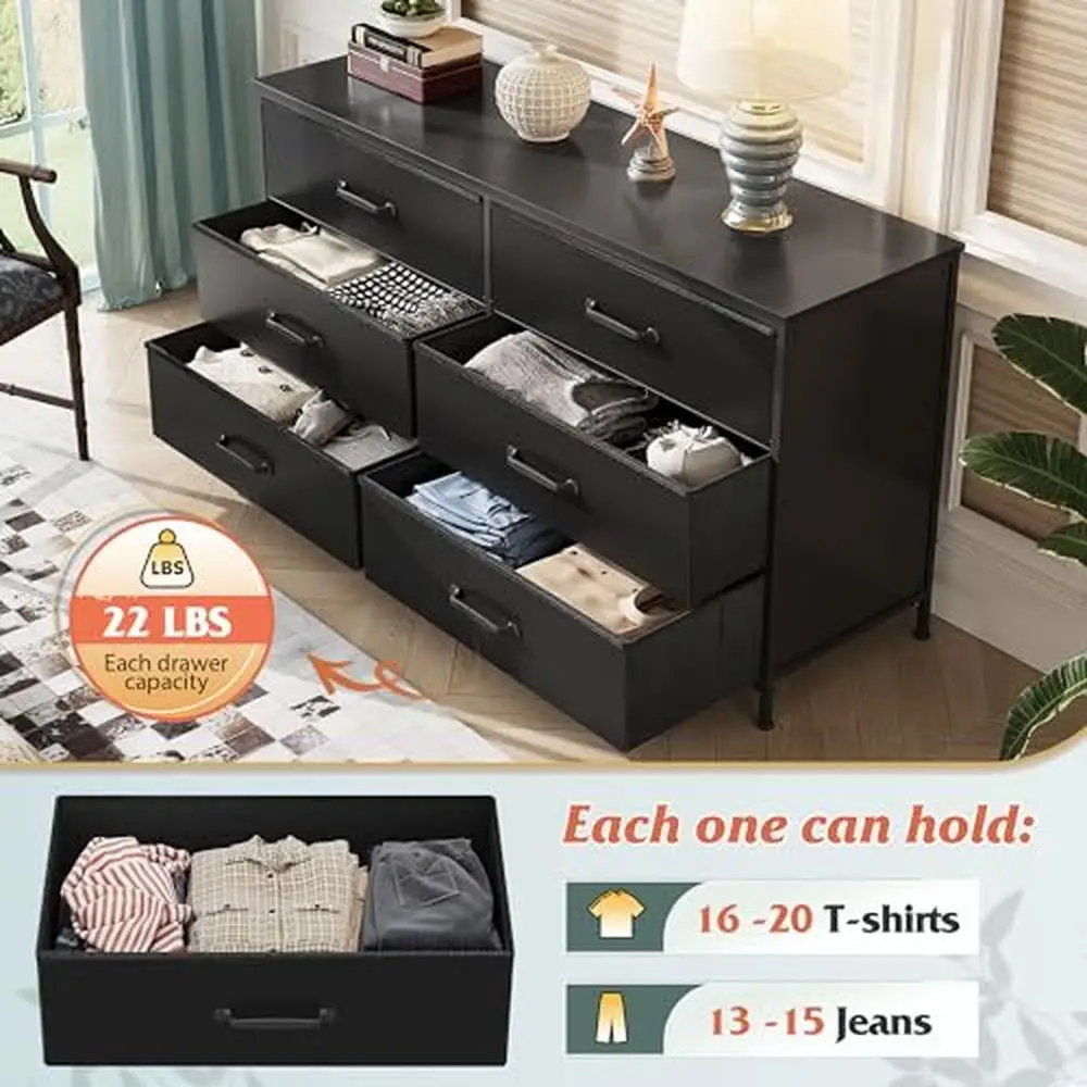 6-Drawer Fabric TV Stand Dresser Bedroom Furniture Large Storage Tower Black Unit with Bins Easy Setup Stable Support & Stylish