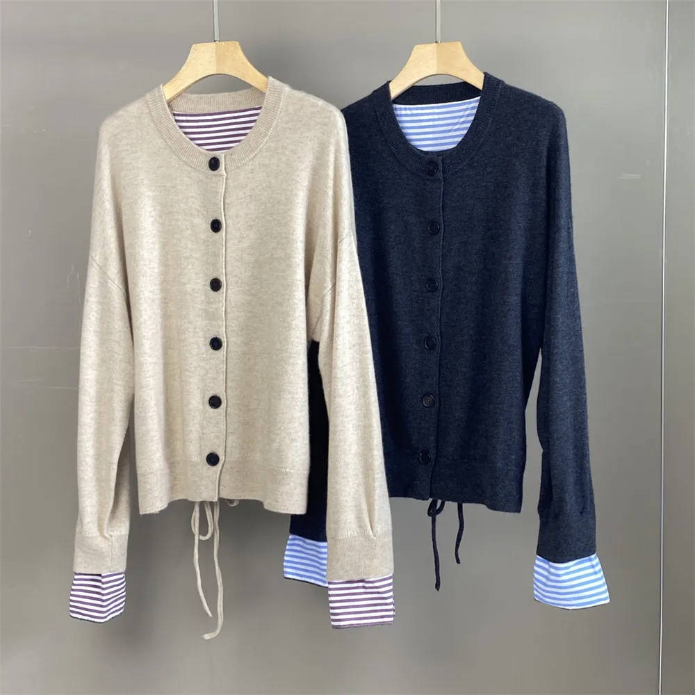 

25 Autumn New Style Round Neck Bead Chain Cashmere % All-Match Long-Sleeved Cardigan Women's Top