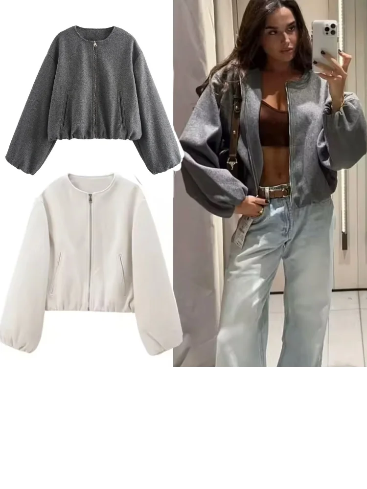 

Casual Round Neck Crop Jacket Fashion Long Sleeves Solid Ruffle Zipper Coats For Women New Autumn Winter High Street Outwear