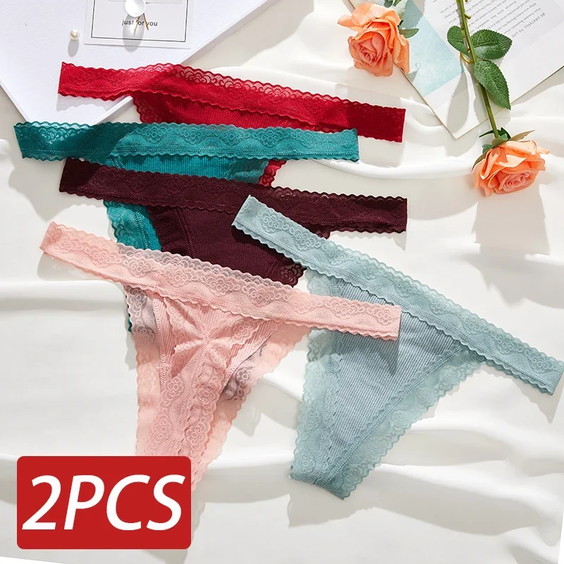 2Pcs/Set Sexy Cotton Lace Thongs Women's Panties Hollow Out Underwear Low Waist Ladies Lingere Solid Panty Women Lingerie S-XL
