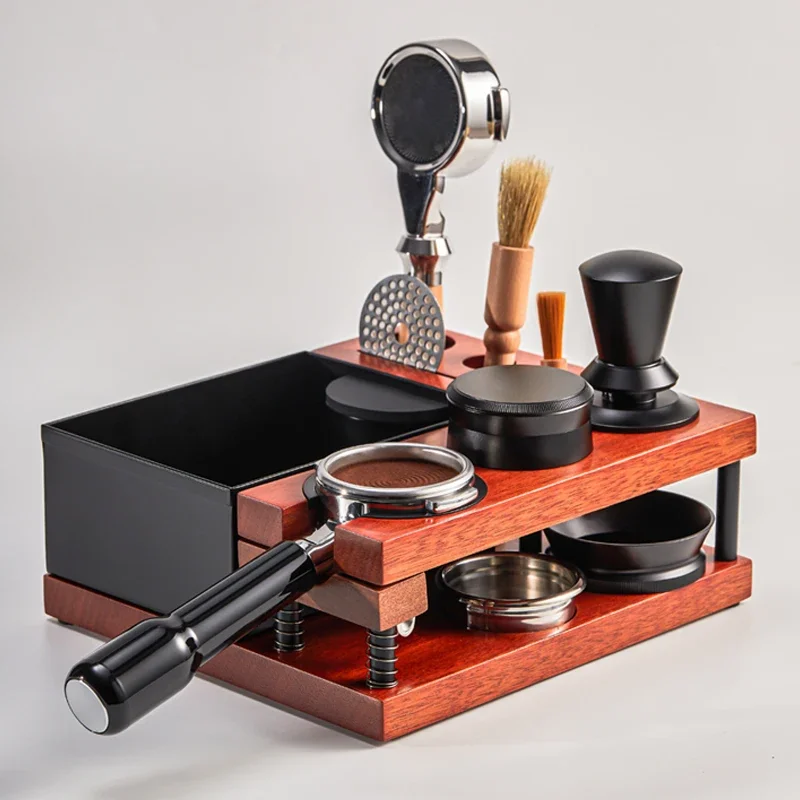 Wood Tamper Stand Knockbox Double-wall Spring-loaded Coffee Barista Tool Organizer Tamping Station Holder Espresso Knock Box