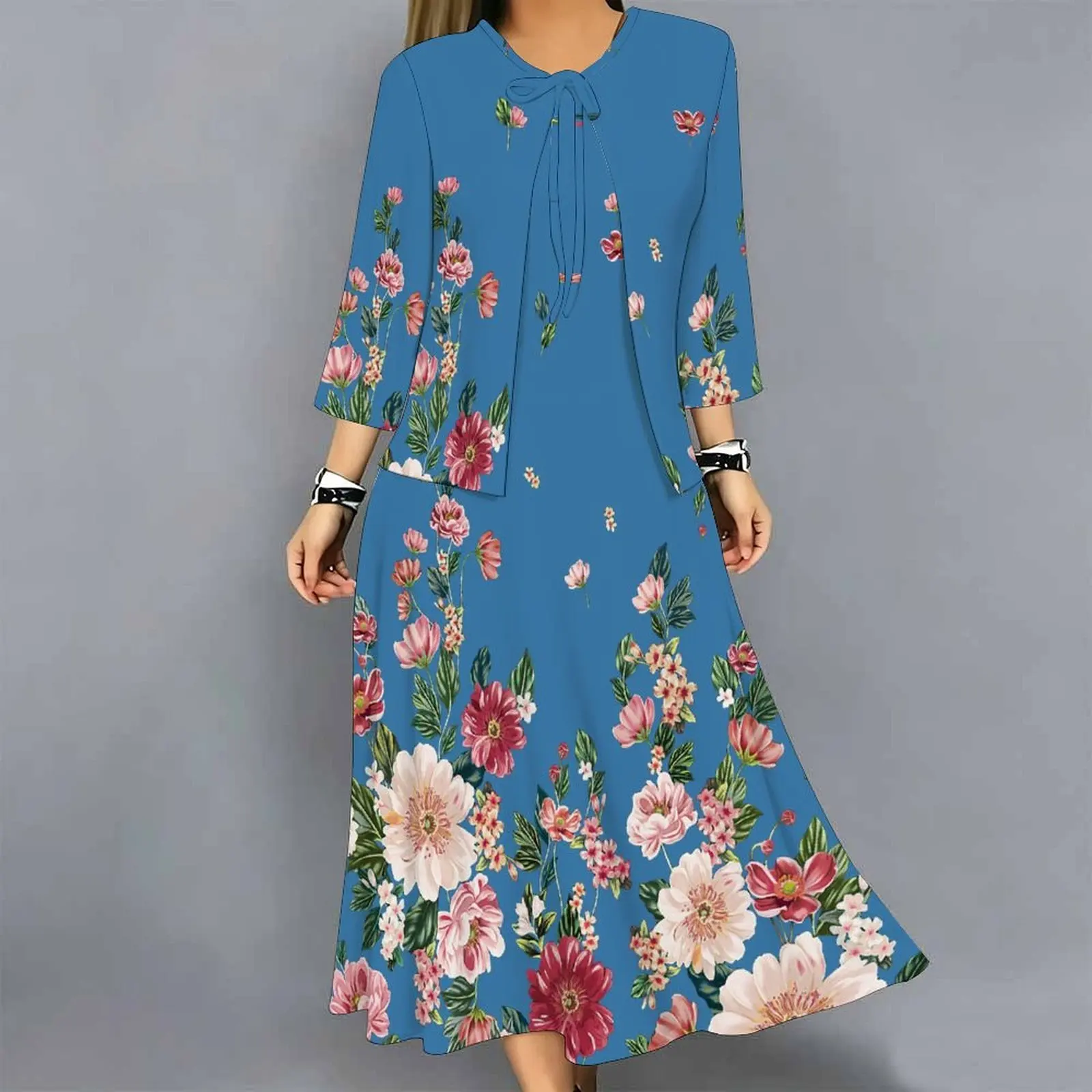 Women 2 Piece Dress Set Print 3/4 Sleeve Cardigan and Midi Dress Loose Casual Vacation Ladies Outfit