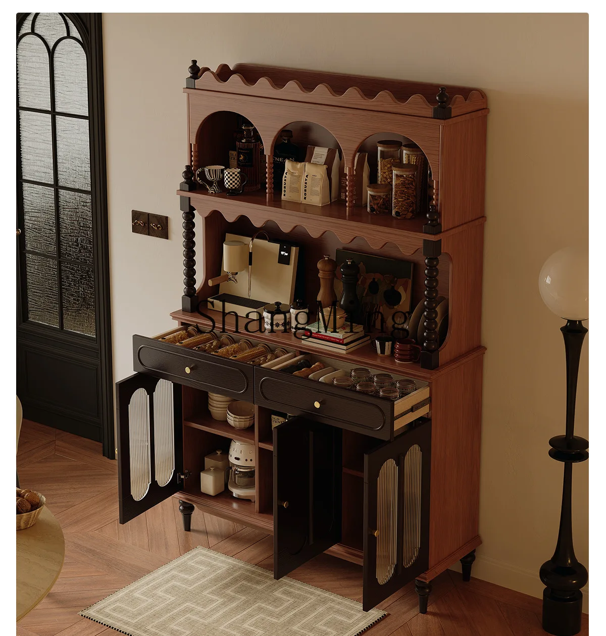 

ZYYhousehold retro solid wood dining side cabinet, living room against the wall integrated medium and ancient storage locker