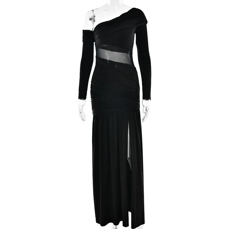 ZHIO Neues Kleid mit schrägem Kragen und langen Ärmeln, sexy schulterfreies Maxikleid mit seitlichem Schlitz, elegantes rückenfreies enges langes Clubkleid für Damen – Detail 11