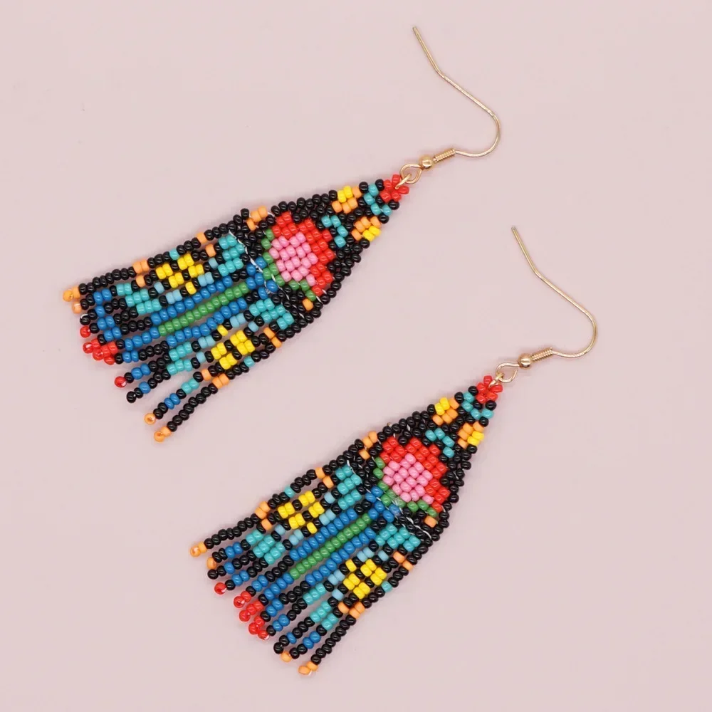 2025 Handmade Bead Earrings Hand Knitting Beading Bohemia Big Red Flower Cross Geometry Fringe Earr for Women