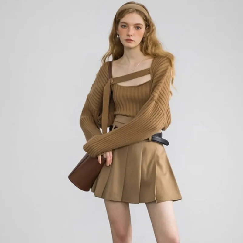 Ensembles de pulls de style français pour femmes, cardigan doux et élégant, camisoles ajustées, streetwear monochrome simple, assressentiet décontracté, attrayant