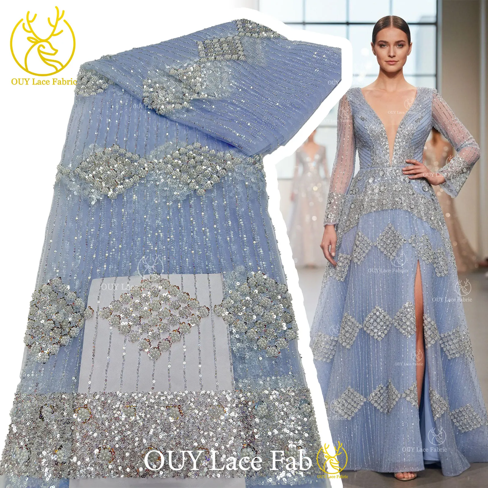 

Fashion African Beaded Lace Fabric 2026 High Quality French Nigerian Sequins Tulle Lace Fabric For Bridal Wedding Dress Sewing