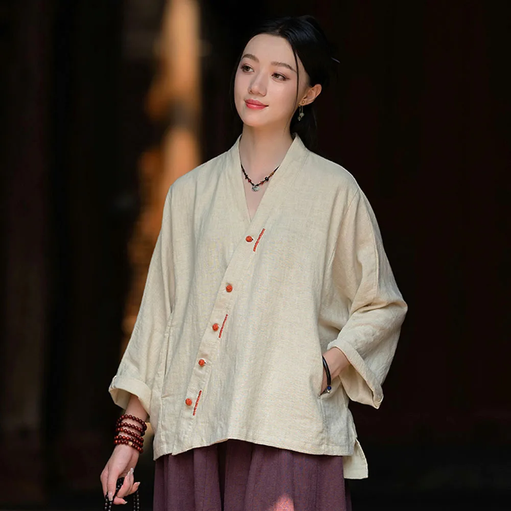 Korean Version Ramie Cotton Solid Color Long Sleeve Blouse Women's Retro Hanfu Hand-Stitched V-Neck Disc Buckle Loose Short Coat