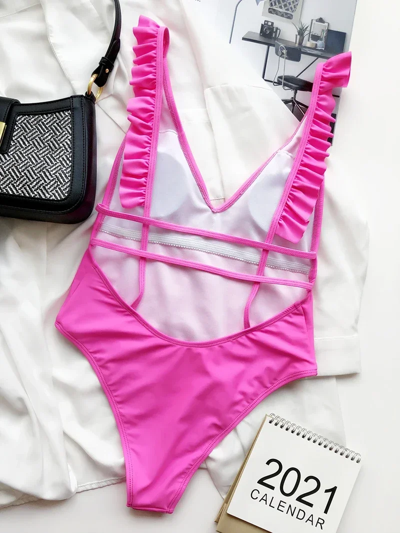 2025 Sexy High Leg Cut Ruffled Female Swimwear One Piece Swimsuit Women Backless Monokini Bather Bathing Suit Swim Lady Bodysuit