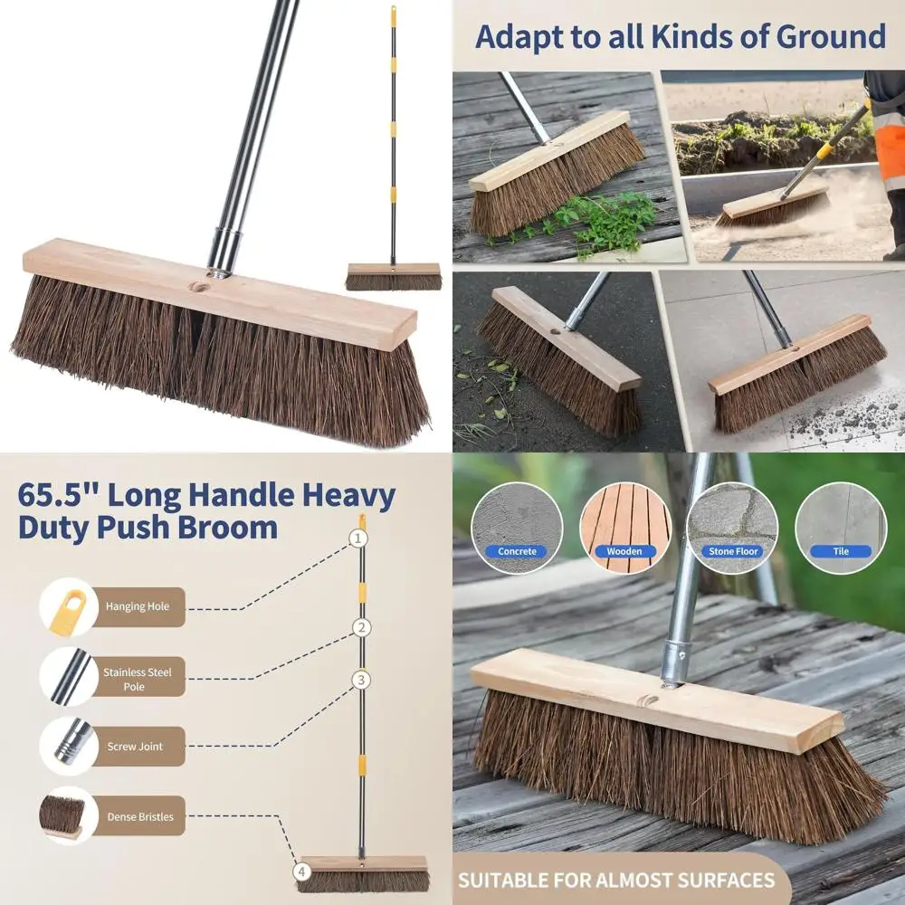 

65 Heavy-Duty Outdoor Push Broom with Large Palmyra Bristles for Concrete, Garage, and Yard Cleaning