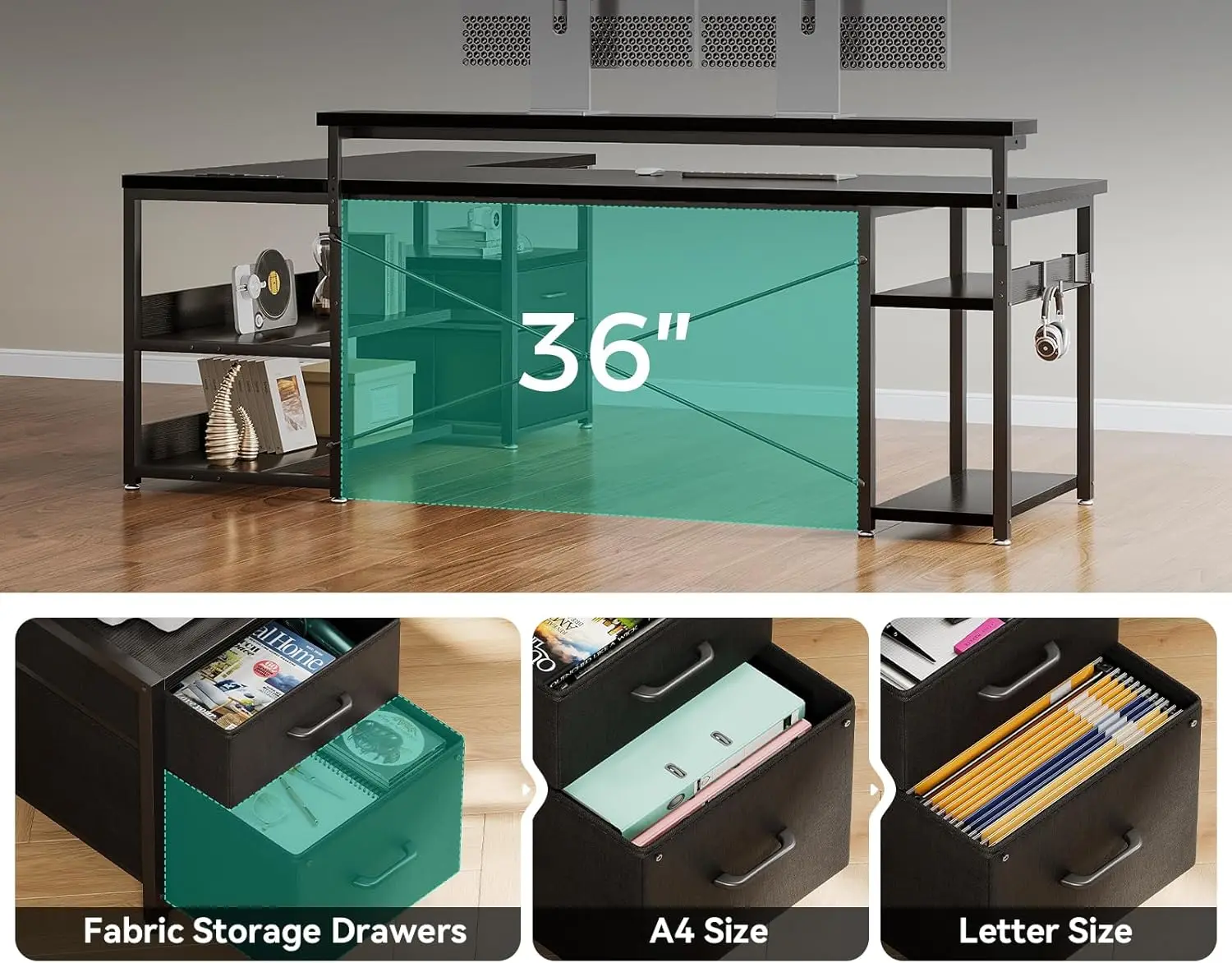 ODK L Shaped Gaming Desk with File Drawers, Reversible Computer Desk with Power Outlets & LED Lights, Home Office Desk with