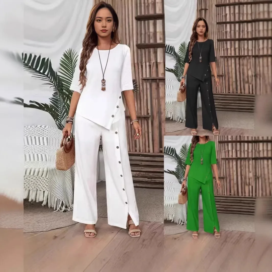 Women's Irregular Hem Trousers Suit Elegant Fashion Casual Button-up Half-sleeve Shirt