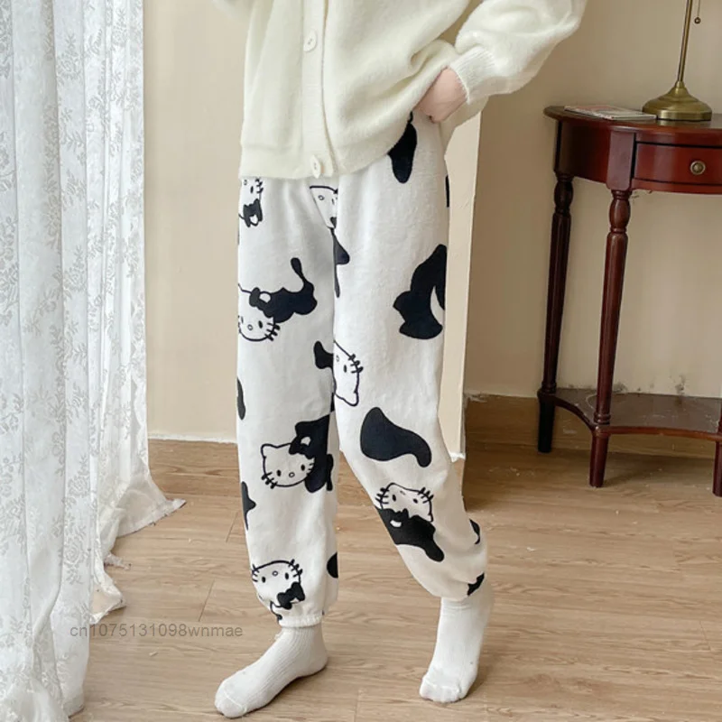 Sanrio Hello Kitty Cute Plush Fuzzy Sleep Bottoms for Women Y2k Warm Pajama Pants Casual Home Sleepwear Pants Winter Trousers