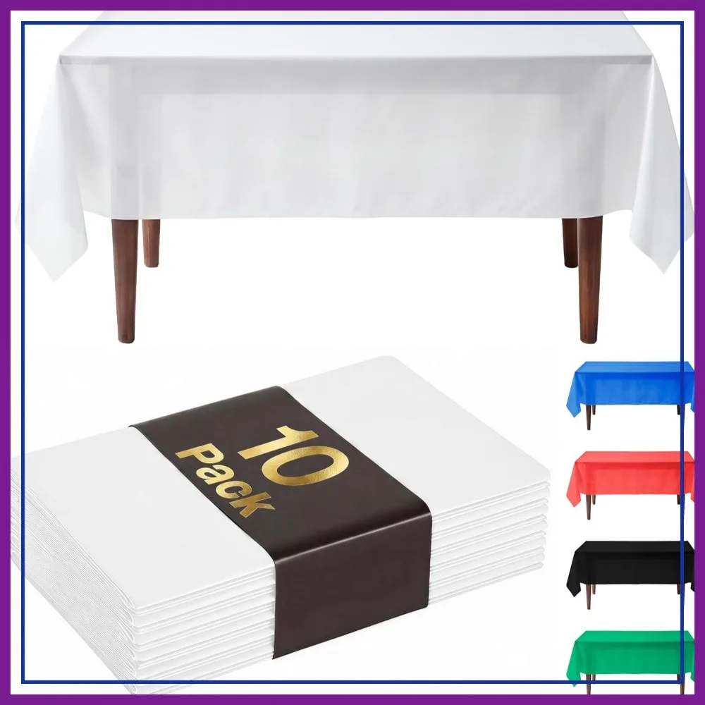 

Premium Plastic Tablecloths 10 Pack, 54x108 Inch Rectangle Disposable Table Covers for 8FT Tables, Waterproof Spill-Proof, Easy Cleanup for Parties and Weddings