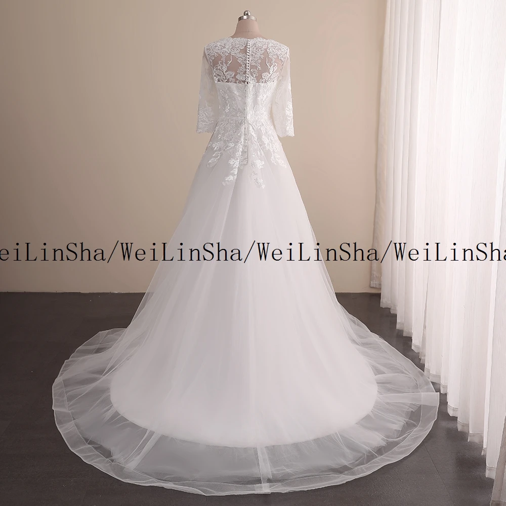 Personalizado WeiLinSha Cap manga una línea de tul elegante blanco vestidos de novia reales para matrimonio medio botón espalda vestidos de novia chaleco