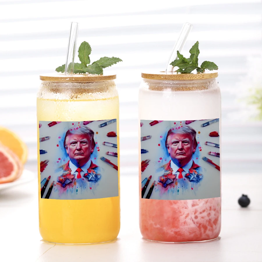 1pc Trump Abstract Pattern 3d Printed 16oz Glass Can Soda Cup With Lid&Straw Iced Coffee Juice Cup Friendsmas Gift Unique Gift