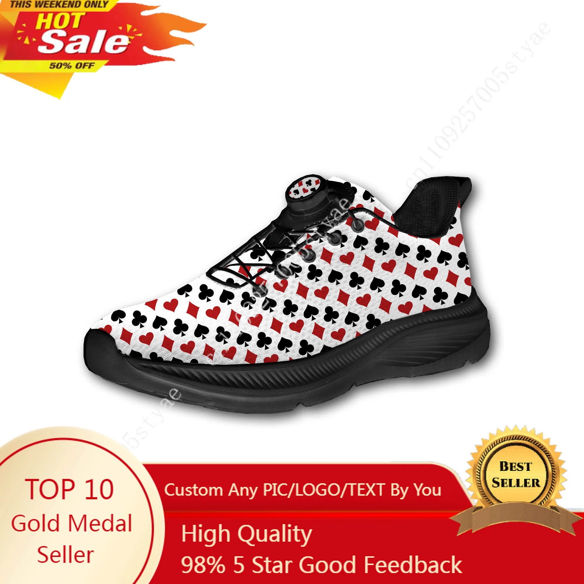 

Стильные кроссовки для бега по бездорожью с 3D-печатью игральных карт, без шнурков, с поворотной кнопкой, спортивная обувь, кастомные кроссовки для мужчин и женщин