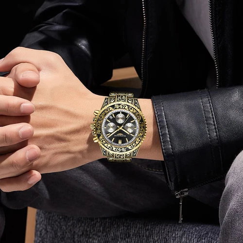 Imagen 2 del producto Relojes multifuncionales WLISTH para hombre, relojes de cuarzo grabados retro, calendario transfronterizo más vendido