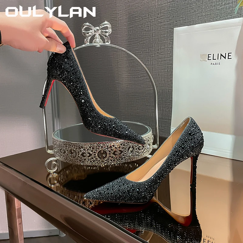 NEW Women Pumps Commuter Office Lady Slender Fashion Dress Sexy Wedding Shoes Heel High Heels Pointed Black Rhinestone