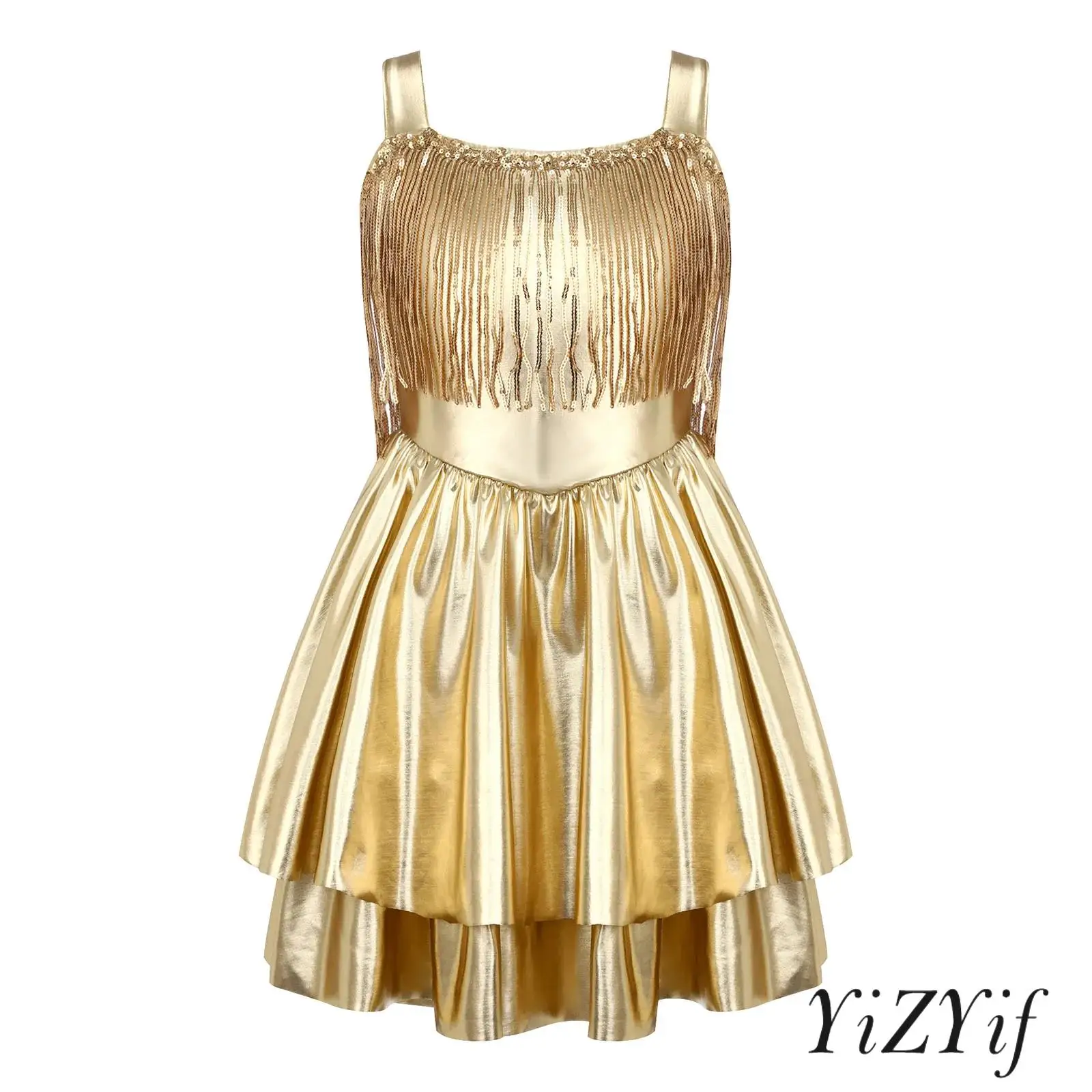 Sukienka dla dziewczynki, metaliczna, błyszcząca, na przyjęcie, z cekinami, frędzlami, bez rękawów, warstwowa, rozkloszowana, na ramiączkach, na konkurs piękności, występ sceniczny, bal taneczny.