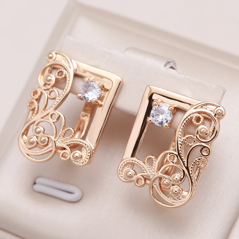 Wbmqda Classic Square Hollow Flower Drop Earrings For Women 585 Rose Gold Color Fine French Jewelry Ethnic Wedding Accessories