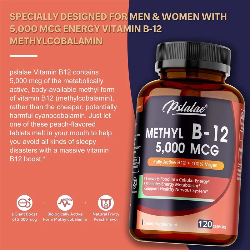 Vitamin B12 - 5000 MCG Supplement -Benefits Brain & Heart Function, Supports Memory, Learning, Helps Boost Natural Energy