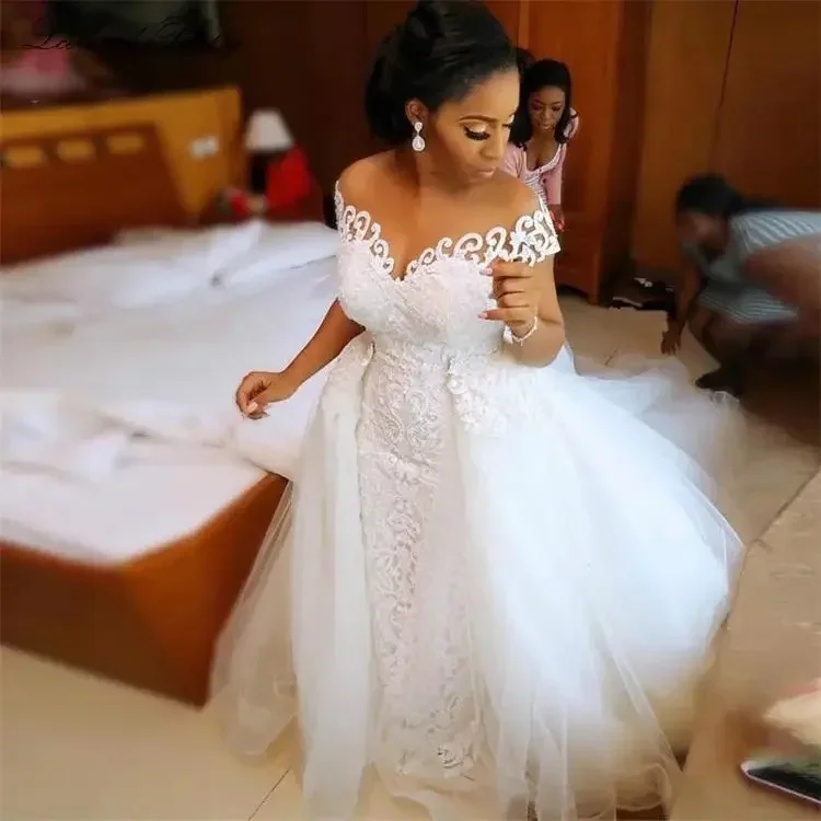 

Customized Nigerian Mermaid Wedding Dress Detachable Train Sheer White Off The Shoulder Short Sleeve Bridal Gowns
