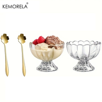 KEMORELA 1/2PCS Tulip Glass Dessert Bowl with Spoon Summer Ice Cream Fruitcake Transparent Bowls Suitable for Restaurant Cups