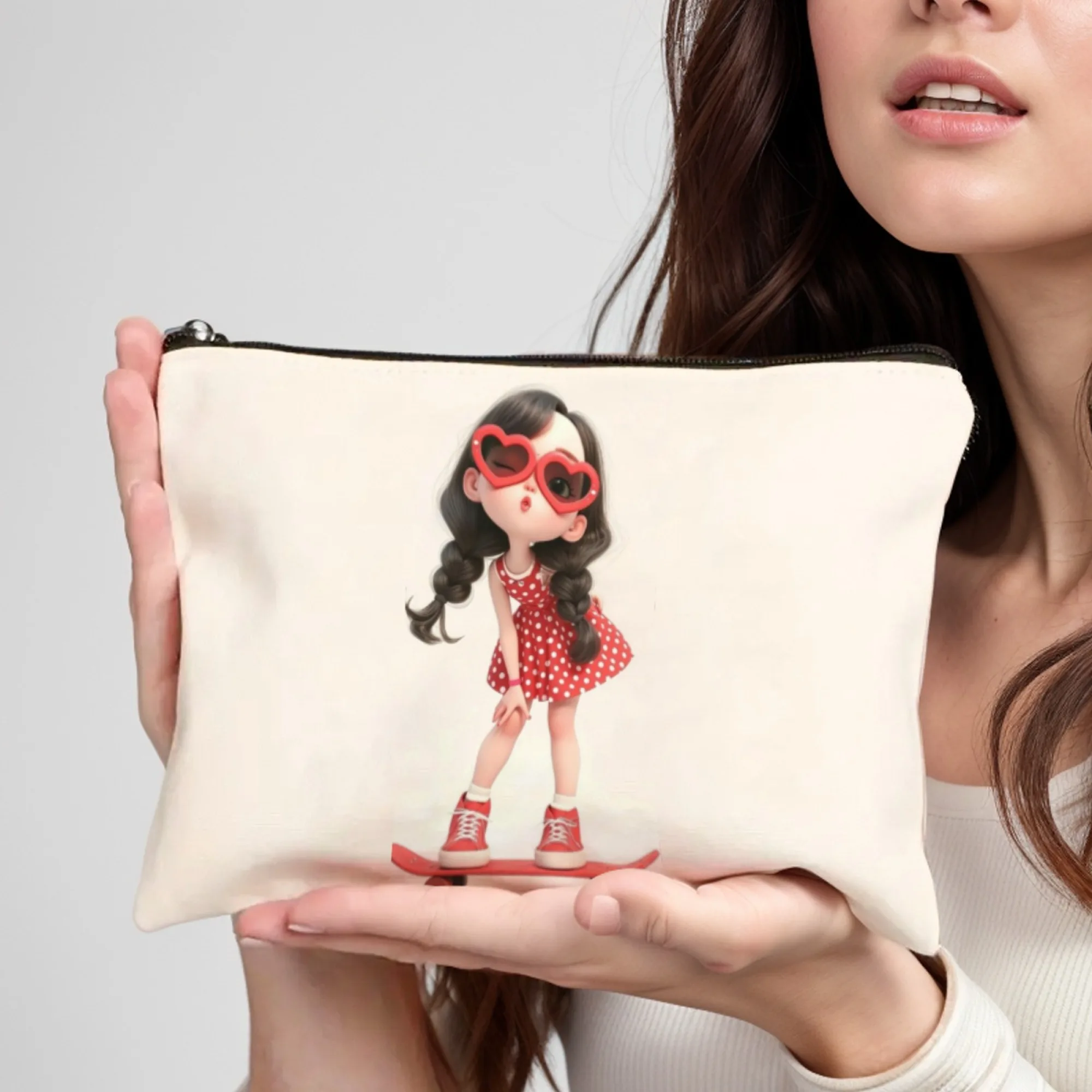 Cool girl with heart-shaped glasses makeup bag lightweight portable cosmetic case with zipper closure ideal for Gifts
