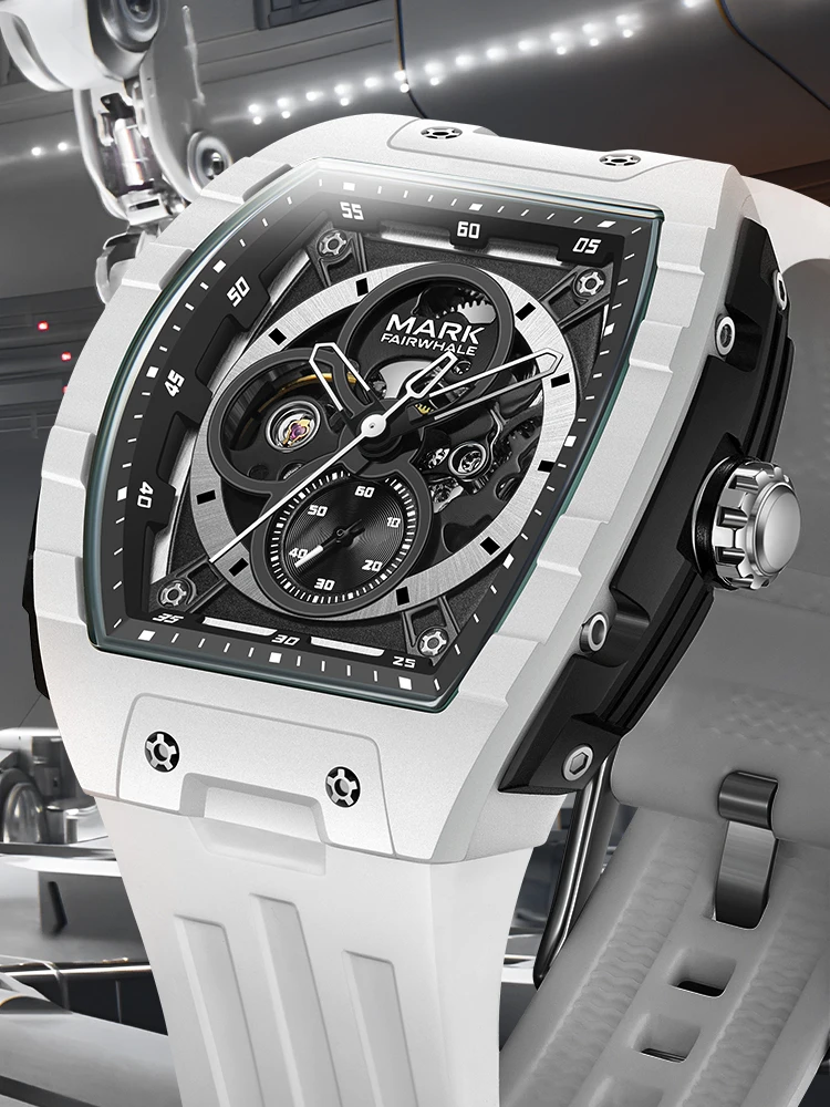 Mark Fairwhal Men Automatic Watch 47mm*52mm Tonneau Mechanical Wristwatch Resin Case Luminous Skeleton Dial