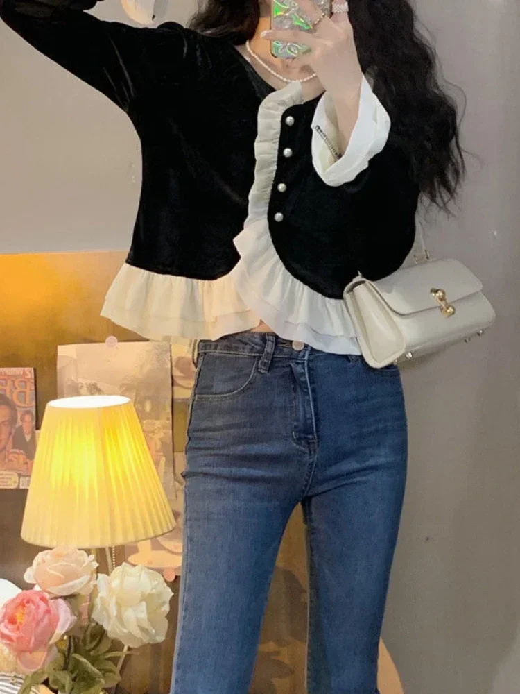 

Рубашки женские, темпераментные, в стиле пэчворк, милые, укороченные, сексуальные, повседневные, весенние, универсальные, в стиле ретро, простой, в корейском стиле, женские, стильные