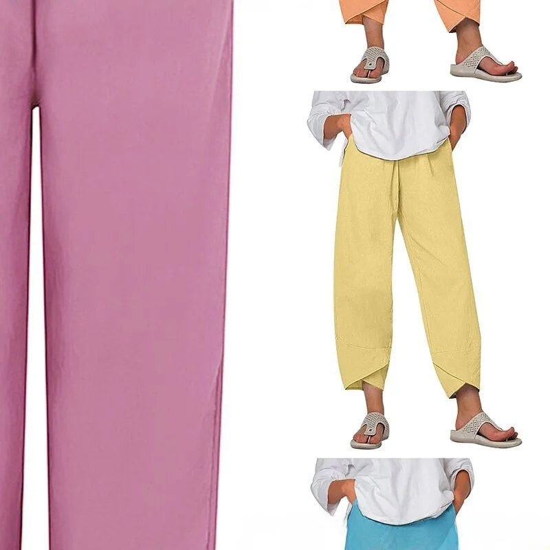 فضفاض عارضة المرأة السراويل عالية الخصر القطن تسع نقاط السراويل الفضفاضة كبيرة الحجم اللون بسيط المرقعة كيت