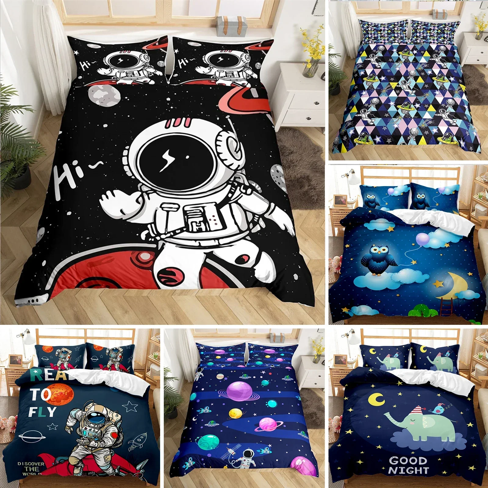 Astronaut Duvet Cover Set, Space Bedding Set for Kids Boys, Sky Galaxy Themed Comforter Cover, Queen/King/Twin Size Quilt Cover