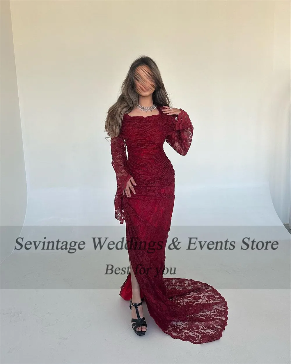 Sevintage Customized Red Lace Prom Dress Mermaid Scoop Long Flare Sleeves Floor Length With Sweep Train Evening Dress 2024