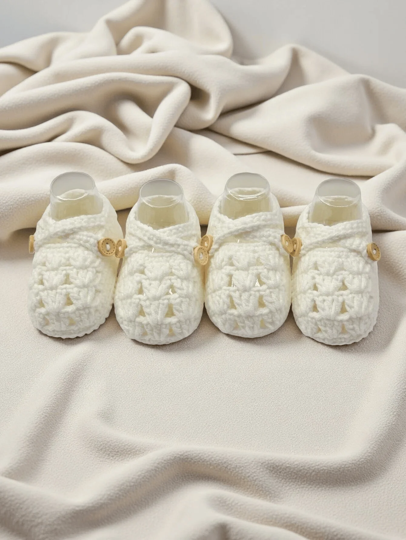 2 Pairs Handmade Crochet Baby Booties with Button Strap, White, Knit Mary Jane Style, Newborn Infant Shoes