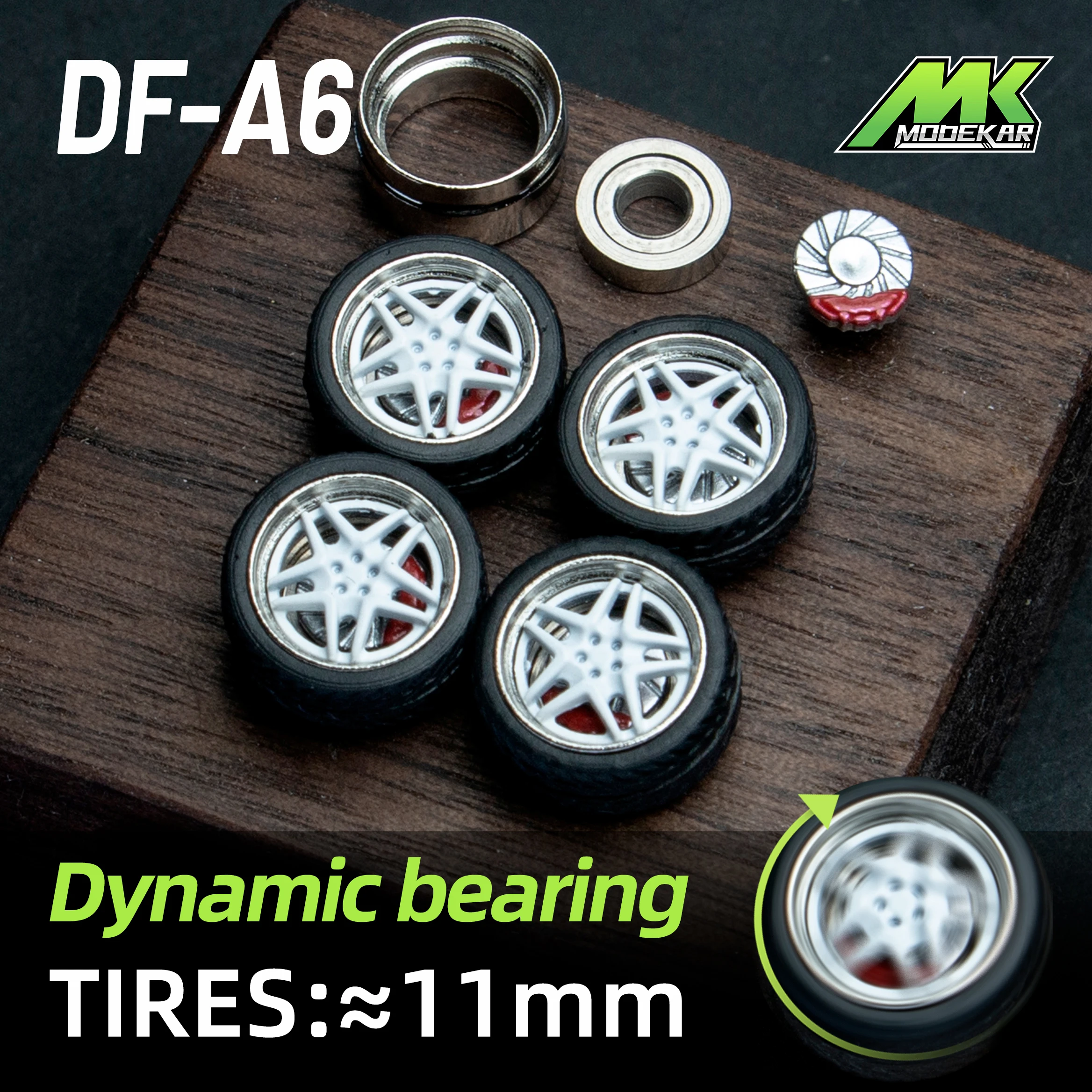 1/64 Dynamic bearing wheels modified wheels Car model rotary disc brake calipers Metal wheels with bearing rubber tires