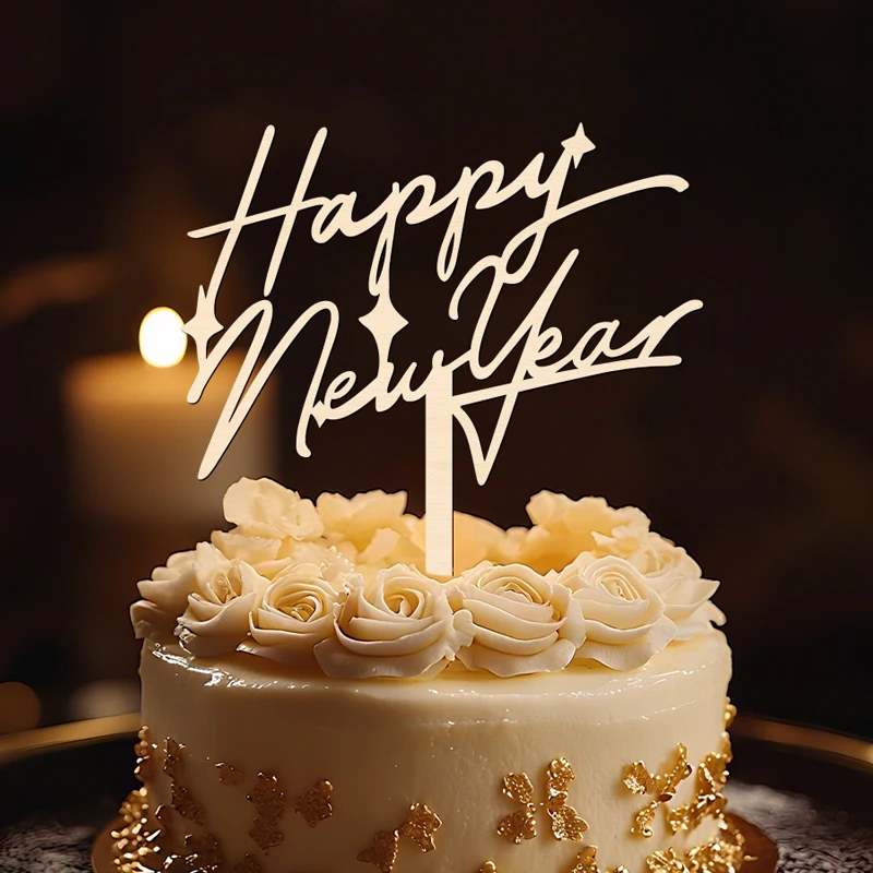 YOMDID Tortenaufsatz „Frohes Neues Jahr“ aus Holz für Neujahrs-Kuchenaufsatz für 2026 Happy New Years Eve Party-Kuchendekorationen