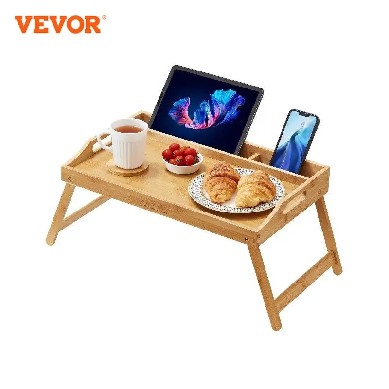 VEVOR Bed Tray Table with Foldable Legs & Phone Holder Bamboo Breakfast Tray for Sofa Snacking Working, Serving Laptop Desk Tray