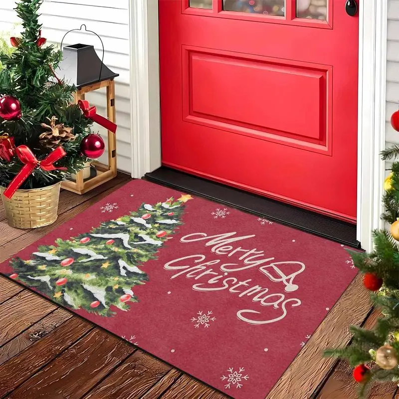 VIKAMA Red Truck Christmas Door Mat Wonderful Time Print Non Slip Rug For Entryway Front Door Indoor Outdoor Decor