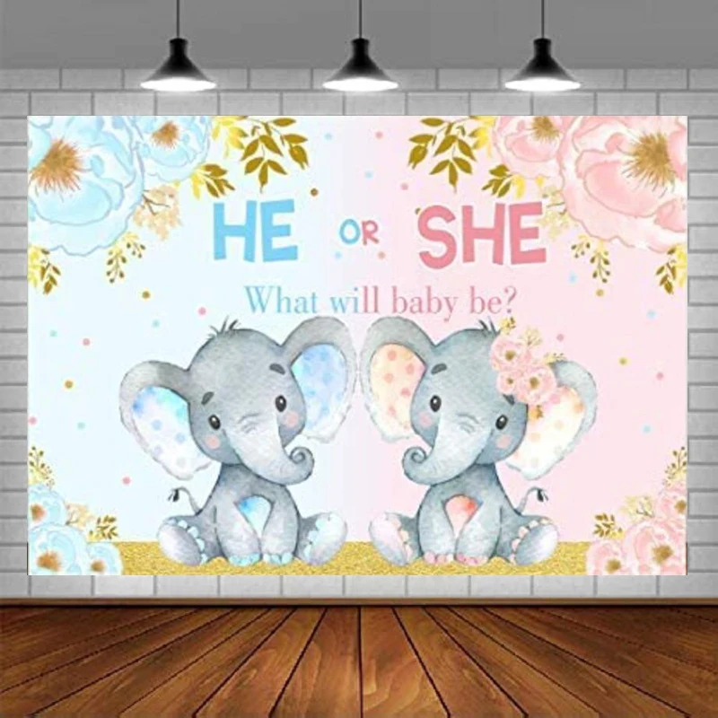 Elephant Gender Reveal Baby Shower Photo Backdrop Pink or Blue Flower Background He or She What Will Baby Be Newborn Party Decor