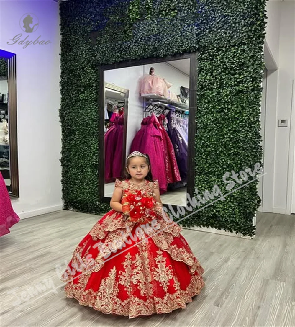 Luxurious Red Flower Girl Dress With Fluffy Golden Lace Design Weddings First Communion Bridesmaid Outfits For Girls