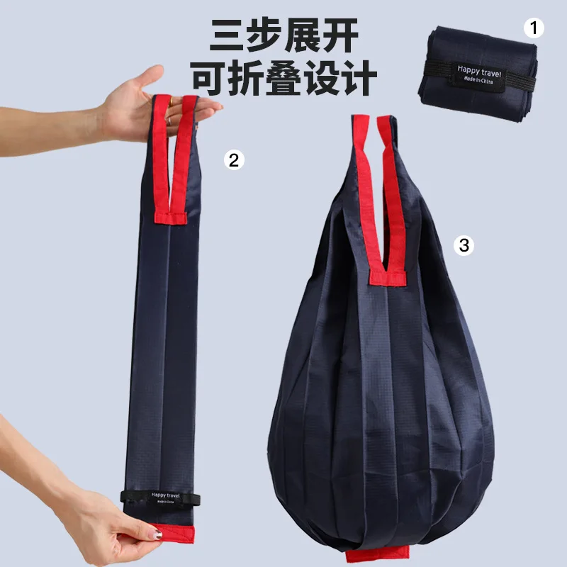 Folding eco-friendly shopping bag with accordion pleats, large capacity, ultra lightweight, portable, hanging buckle for travel