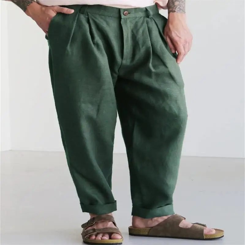 

Men's Linen Elastic Double Outdoor Breathable Casual Pants Straight Leg Loose Fit with Button Decoration Zipper Waist mid Waist