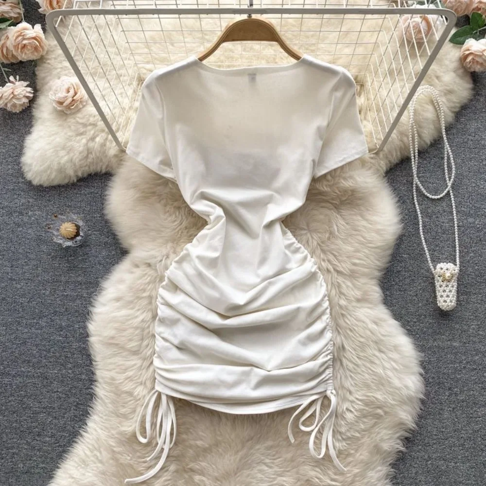 Dress Girls Summer New Square Neck Drawstring Solid Color Fashion Short Sleeved 2024 Simple Elastic Waist Fashion